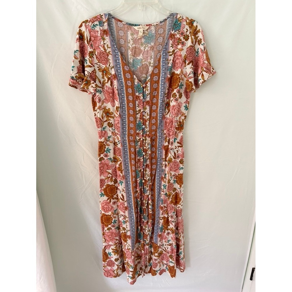 Matilda Jane Floral Boho Midi Dress Pink Rust Blue Button Front Rayon Small